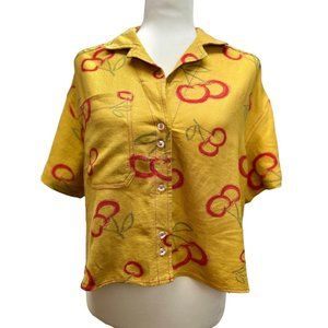 NEW BDG‎ Urban Outfitters Yellow Linen Cherry Crop Button Shirt Top XS